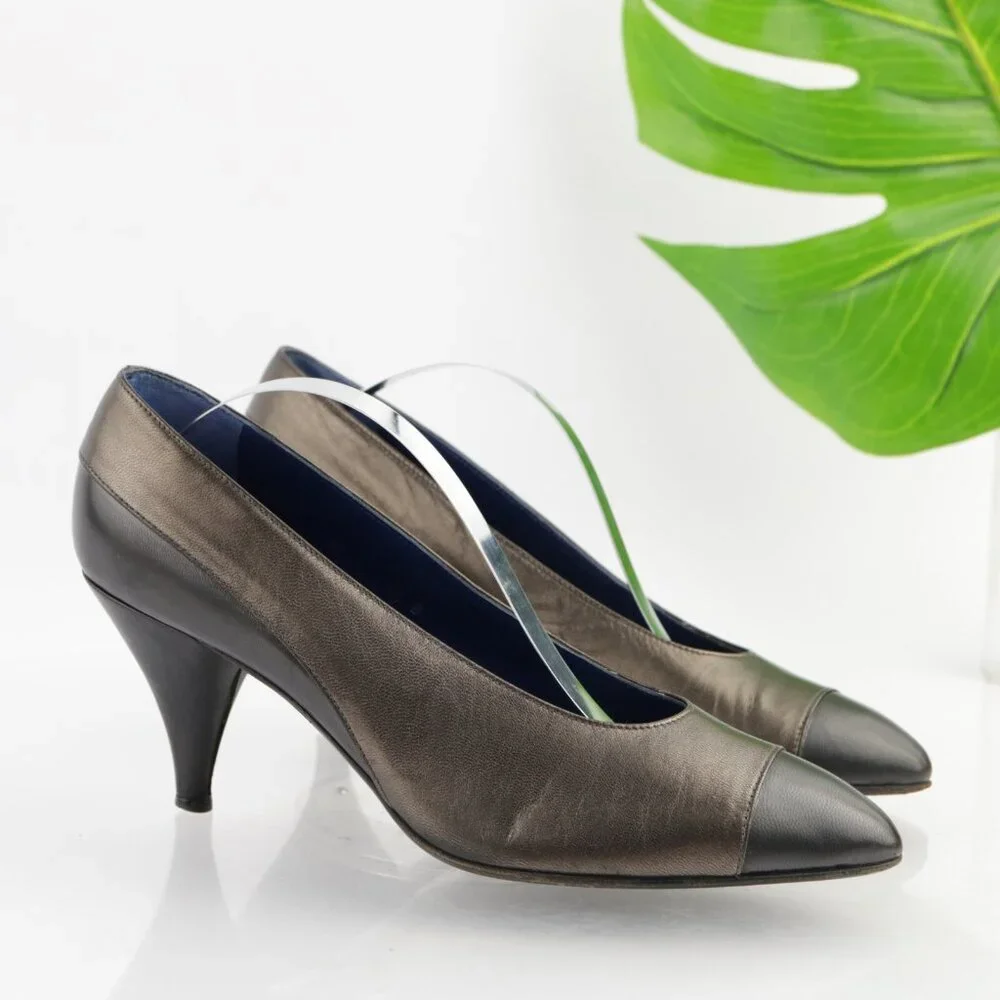 Vintage Oscar de la Renta Womens Pump Size 7.5 Bronze Leather Cone Heel Shoes